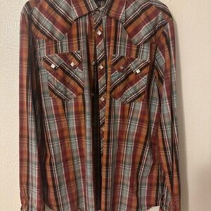 True Religion Red and Brown Plaid Casual Button Down Shirt